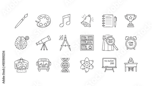 Collection of hand drawn education, science, and art icons representing various fields