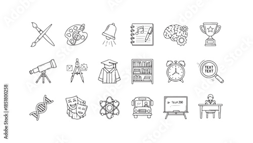 A comprehensive collection of hand-drawn doodle icons representing various education and learning concepts