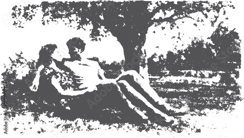 Couple sitting under a tree in a peaceful outdoor setting. Black and white vector illustration capturing a romantic moment.