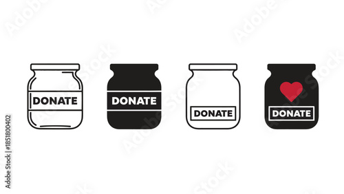Four donation jars with the word donate and one with a heart symbol.