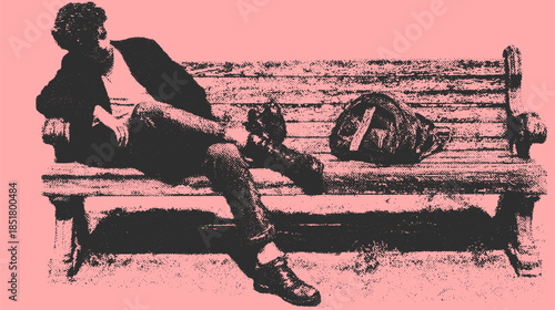 Man seated on a bench in casual style, relaxed vector illustration set against a pink background.