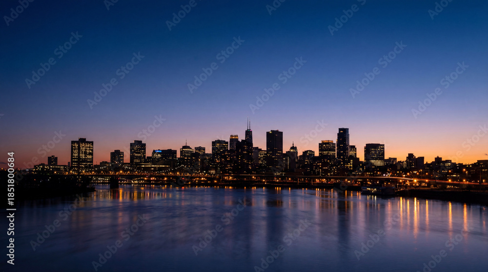Obraz premium Blue hour city skyline silhouette with glowing lights