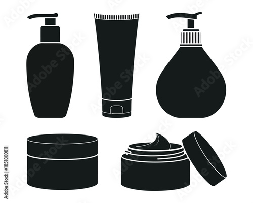 Silhouettes of various cosmetic containers including bottles, tubes, and jars are displayed.