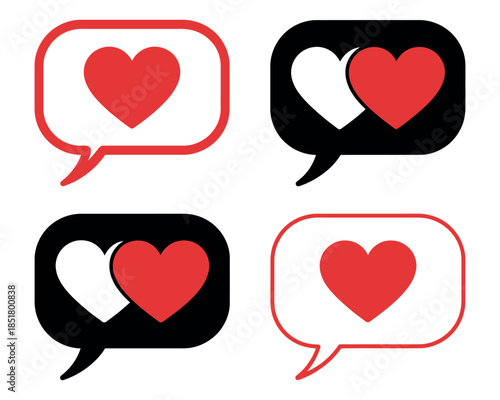Four speech bubbles with red hearts inside, symbolizing communication and love.