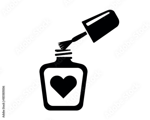 A black icon of a nail polish bottle with a heart symbol on it and a brush applying polish.