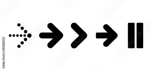 A sequence of directional arrows and a pause symbol on a white background.