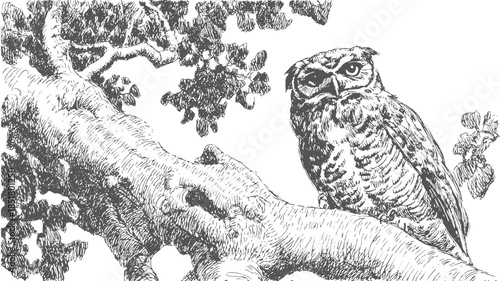 Owl perched on a tree branch in a detailed hand-drawn vector illustration. Realistic wildlife set showcasing nature and biodiversity.