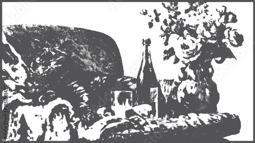 Still life set with a bottle, glasses, and flowers on a table. Monochrome vector illustration showcasing elegant arrangements.