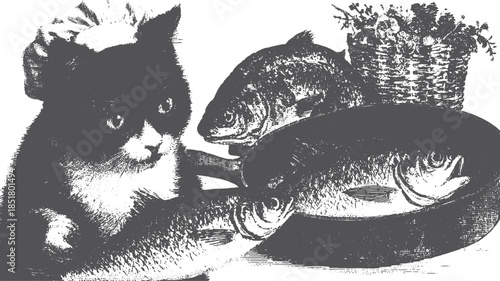 Illustration of a cat chef in a kitchen with fish and herbs. This vintage vector set features rustic elements for a culinary theme.