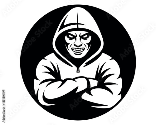 A menacing figure with a hooded sweatshirt and crossed arms is depicted within a black circle.