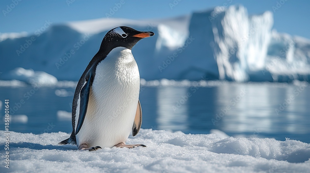 Fototapeta premium Gentoo Penguin on Antarctic Ice with Glacier Iceberg and Sea Background Polar Wildlife Nature Scene for Science Tourism Design