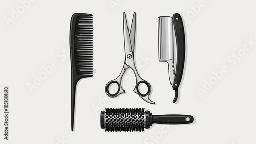 Barber Tools Collection Featuring Scissors Comb Razor and Brush.