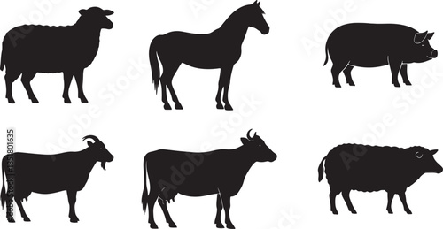 Silhouettes of farm animals in profile