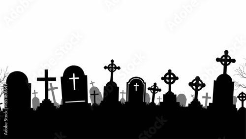Silhouette of a Cemetery with Gravestones and Crosses.
