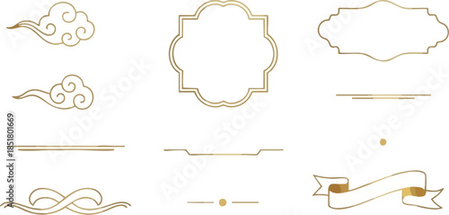 Flat lay of various gold-colored decorative design elements on a white background with a minimalist composition.