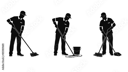 Silhouettes of a cleaner performing different cleaning tasks on a white background.