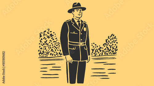 Police officer illustration in a vintage style. Black and white vector graphic set in an outdoor scene with simple line art.