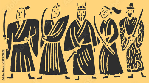 Samurai warriors in a historical style. Black outline figures in flat design against a yellow background, forming a set in this vector illustration.