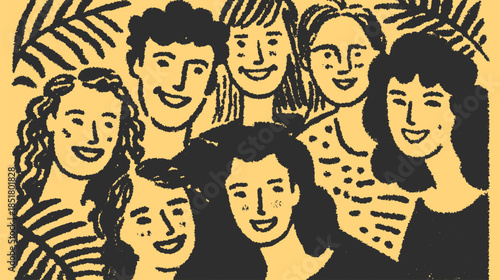 Group of smiling people in a flat drawing style. This vibrant vector illustration showcases diversity and friendship in a cheerful set.