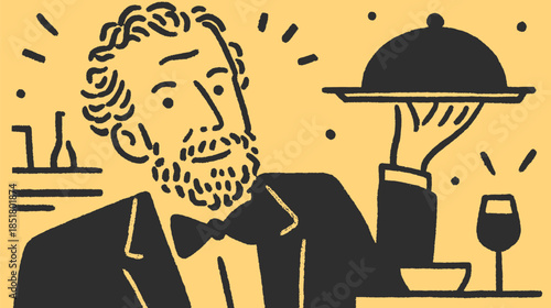 Waiter serving cloche in a modern restaurant setting. Professional male illustration with vibrant black and yellow colors, vector set.