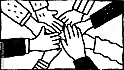 Hands joined together, symbolizing teamwork and collaboration. Monochrome vector illustration depicting unity and support in a community.