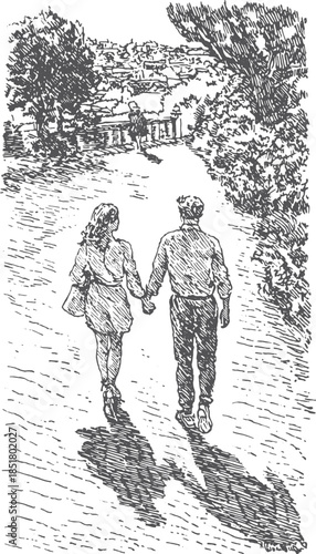 Couple walking hand in hand on a path. Outdoor black and white vector illustration showcasing trees and scenery with shadows.
