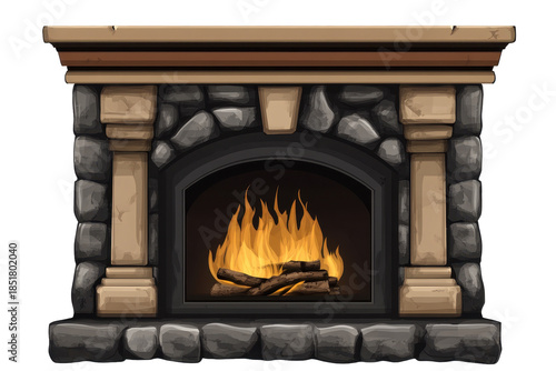 Beautiful fireplace mantel designed with stone and wood elements for a cozy living room or cabin ambiance