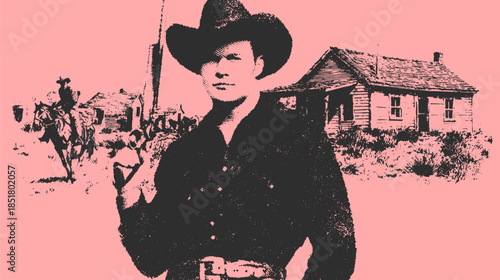 Cowboy rider in a vintage western scene. Graphic illustration features a hat, horse, and building in a black and white vector style.