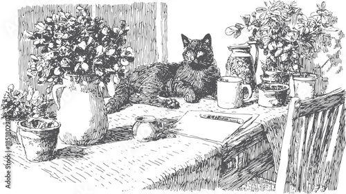 Black cat lying on a table with flowers and pots. Hand-drawn vector illustration of a tranquil still life set in an indoor scene.
