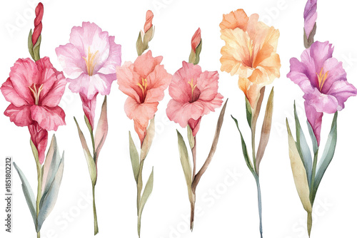 Collection of soft watercolor gladiolus flowers showcasing delicate colors and graceful forms in a floral arrangement