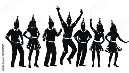 Silhouettes of people in party hats celebrating and dancing joyfully.