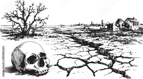 Skull in a dry landscape with barren tree and cracked earth. Vintage black and white vector illustration showing desolation and abandoned town set.