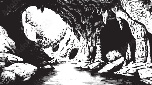 Cave landscape with rocky formations and water surface. Black and white vector illustration featuring detailed textures in a natural setting.