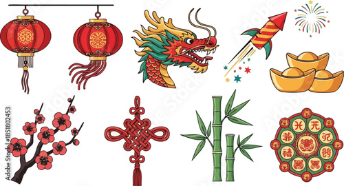 A vibrant collection of Chinese New Year decorations and symbols including lanterns dragon firework flowers coins and more on a white background with a festive mood.