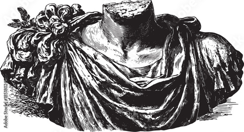 Statue bust in classical art style. A vintage illustration showcasing ornate details in the fabric with historical significance in a vector format.