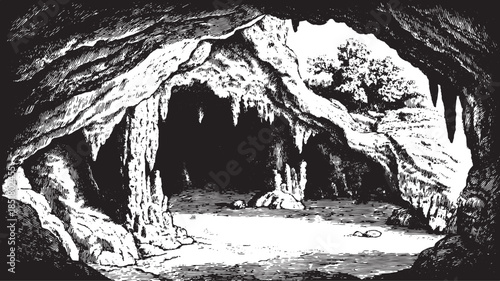 Cave interior vector illustration featuring textured rock formations and stalactites. This simple black and white graphic captures a natural scene in detail.