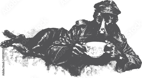 A vintage illustration of a dog with a coat and hat, holding a bowl in a detailed black-and-white vector art style.