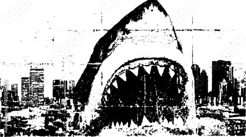 Engraved shark silhouette against a vintage cityscape. Classic black vector illustration showing urban interactions and nature.