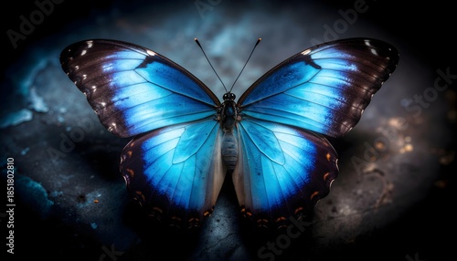A vivid blue butterfly with spread wings on a dark textured surface, showcasing gradient tones and symmetry.