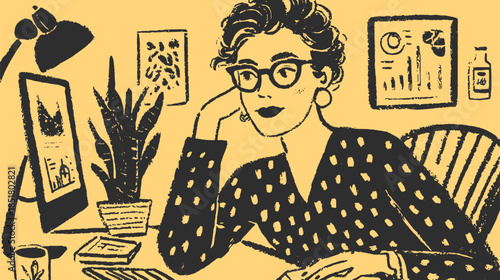 Woman at a desk with a computer and potted plant. Modern vector illustration shows a thoughtful workspace with stylish elements.