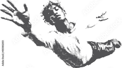 Falling human figure in a simple monochrome style. Vector illustration emphasizing movement and pose in a unique perspective.