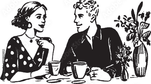 A couple sitting at a table with coffee mugs. Vintage style vector illustration featuring a charming conversation.