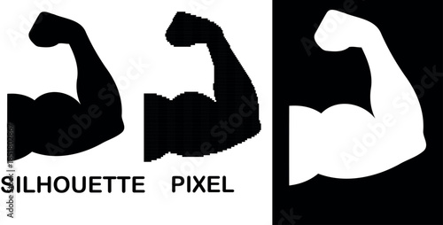 Detailed silhouette & pixel of a flexing muscular arm vector graphics illustration