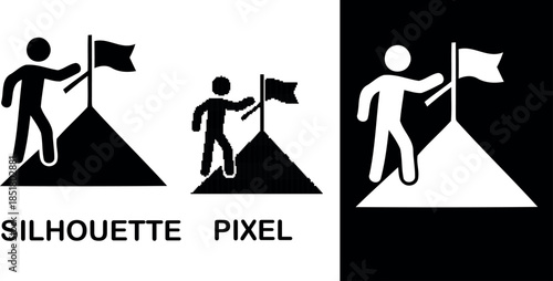 A solitary figure plants a flag at the summit silhouetted & pixel against the sky