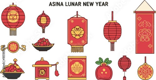 Flat lay of various traditional Lunar New Year decorations and treats on a white background with vibrant red and gold accents.