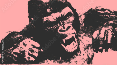 Gorilla face with fierce expression. Bold ink art vector illustration on a pink background, showcasing strong muscular features.