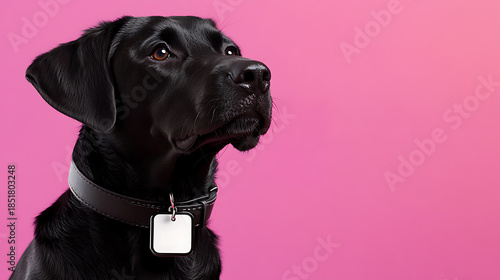 A sleek black canine with a collar and a blank tag on a vivid pink backdrop, gazing upwards with a calm and gentle expression. The dog's coat is smooth, glossy and well-groomed.