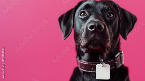 Meet an adorable black Labrador Retriever against a bold pink background, showcasing his shiny coat, expressive eyes, and a stylish collar with a blank tag, awaiting its personal touch.