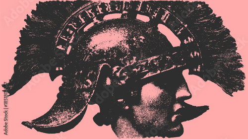 Ancient Roman warrior helmet profile illustration. Black and white vector art showcasing detailed design elements in military culture.