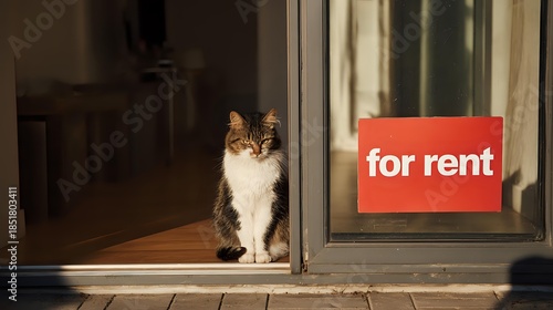 Modern villa with glass door, bright sunlight, cat sitting in entry shadow beside 